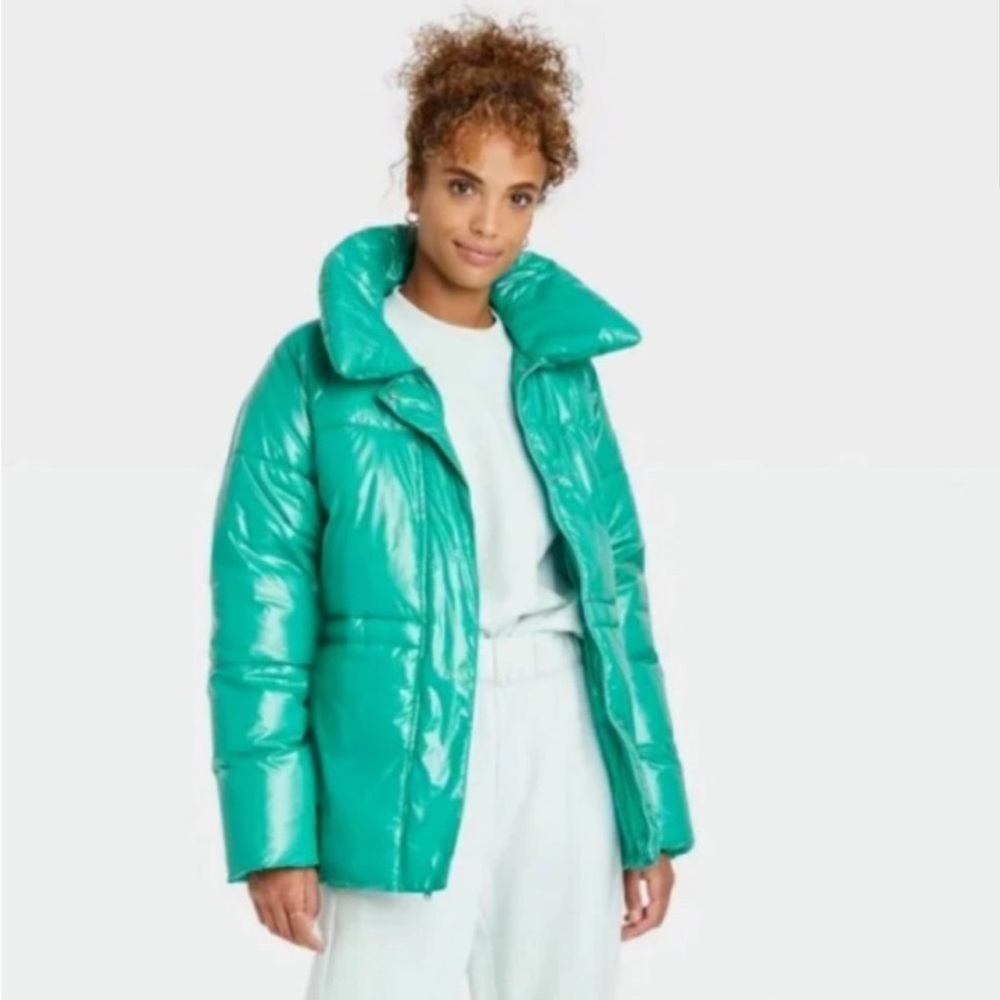 A New Day Womens Jade Green Wet Look Winter
Puffer Coat Parka